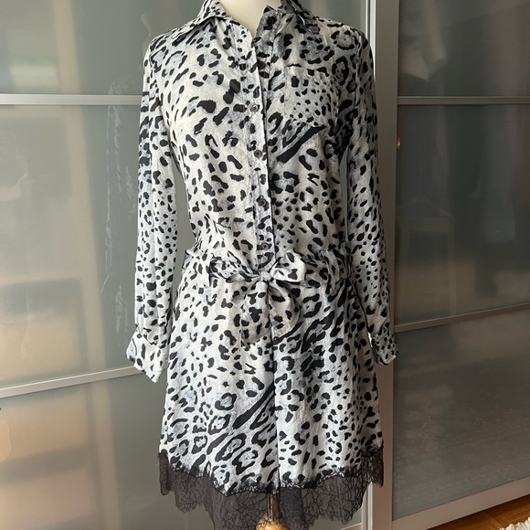 Long Sleeve Silk Snow Leopard Print Dress with Buttoned Top & Eyelash Lace Trim - Picture 4 of 13